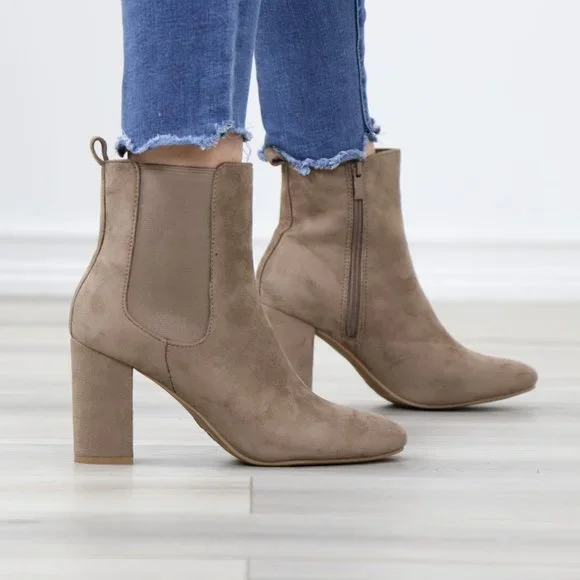 Taupe Suede Chelsea Round Toe Block High Heel Above Ankle Boots - Picture 3 of 12